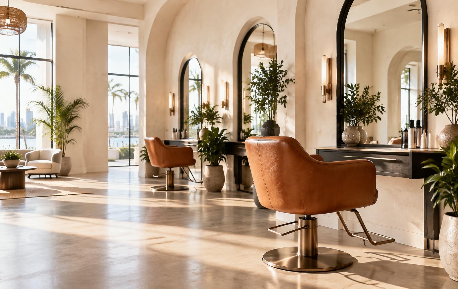 Sunlit salon with open styling chairs